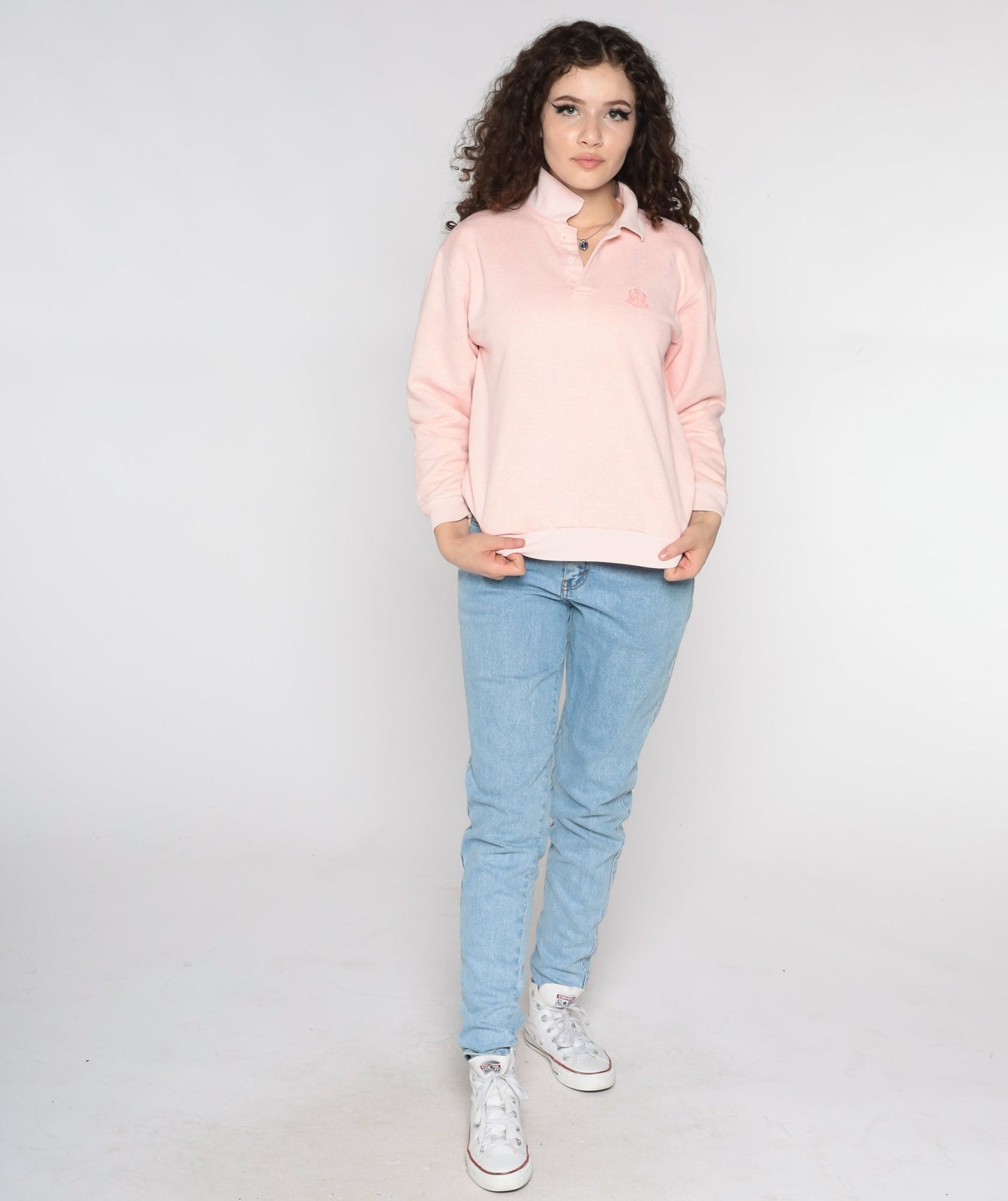 80s Anchor Crest Polo Sweatshirt Baby Pink Nautical Button Neck Small