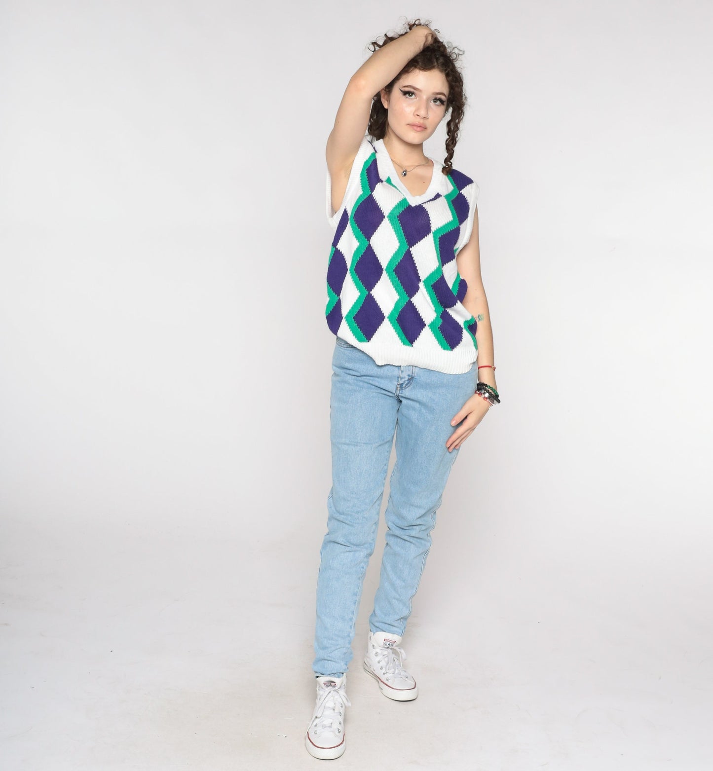 90s Geometric Diamond Sweater Vest White V-Neck Sleeveless Knit Large