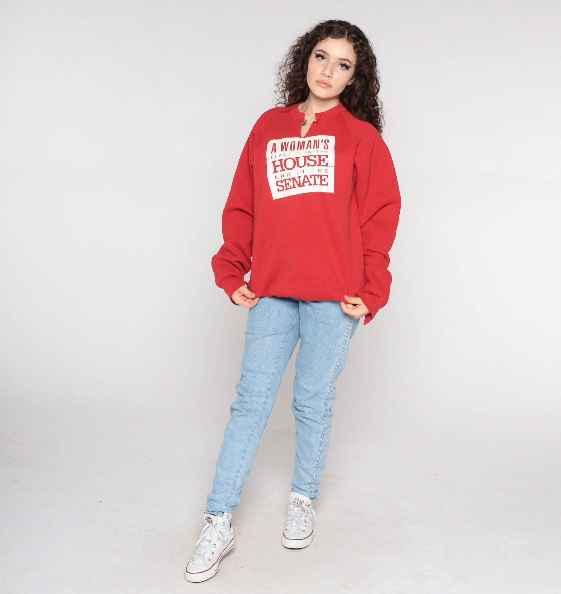 90s A Woman's Place Feminist Political Sweatshirt Josie Heath Red Raglan Extra Large XXL