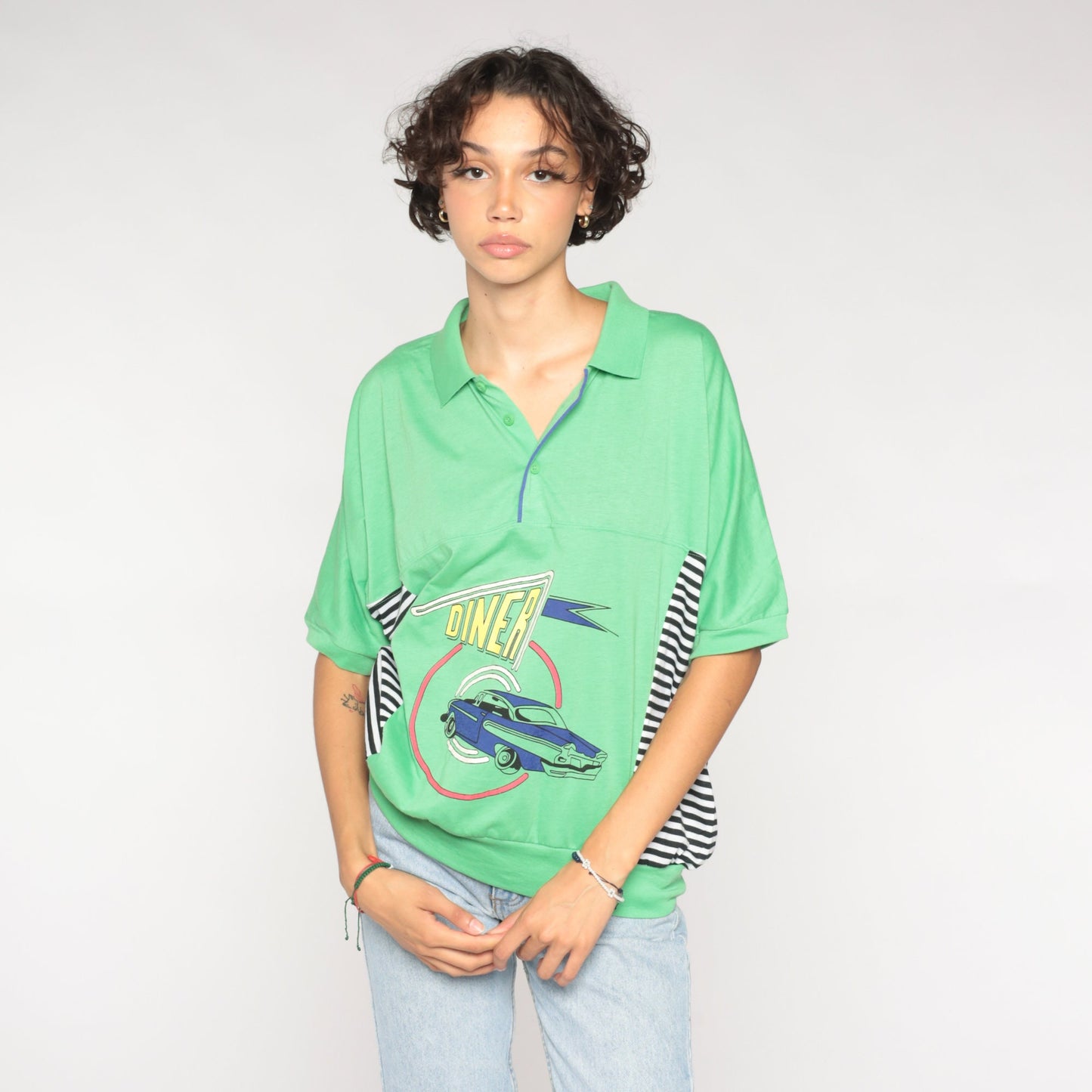 90s Le Tigre Polo Shirt Lime Green Classic Car Diner Graphic Striped Extra Large