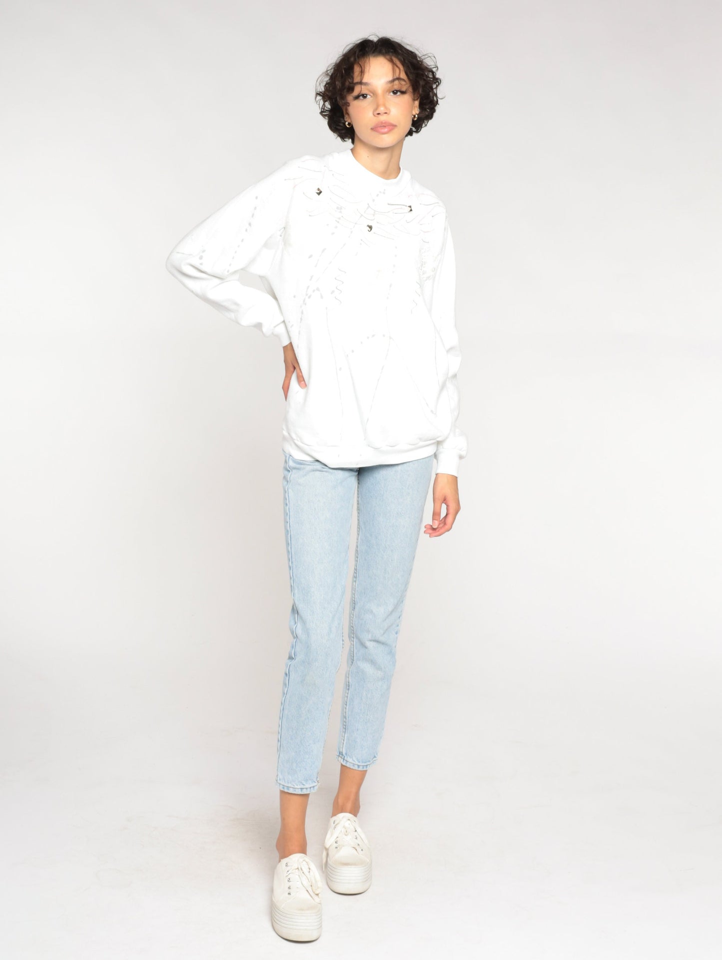 90s Jerzees White Sweatshirt Studded Abstract Painted Design Crewneck Extra Large