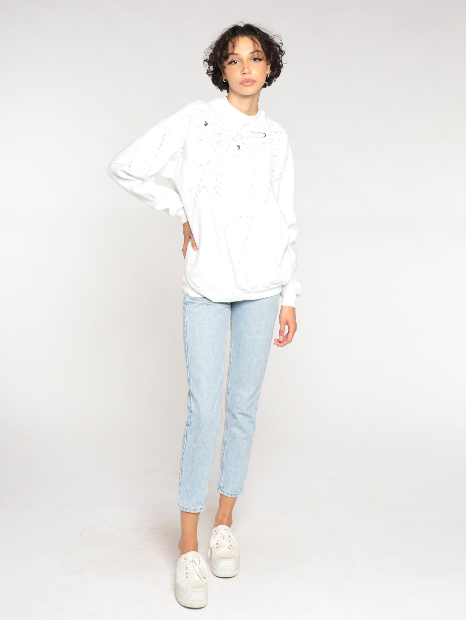 90s Jerzees White Sweatshirt Studded Abstract Painted Design Crewneck Extra Large