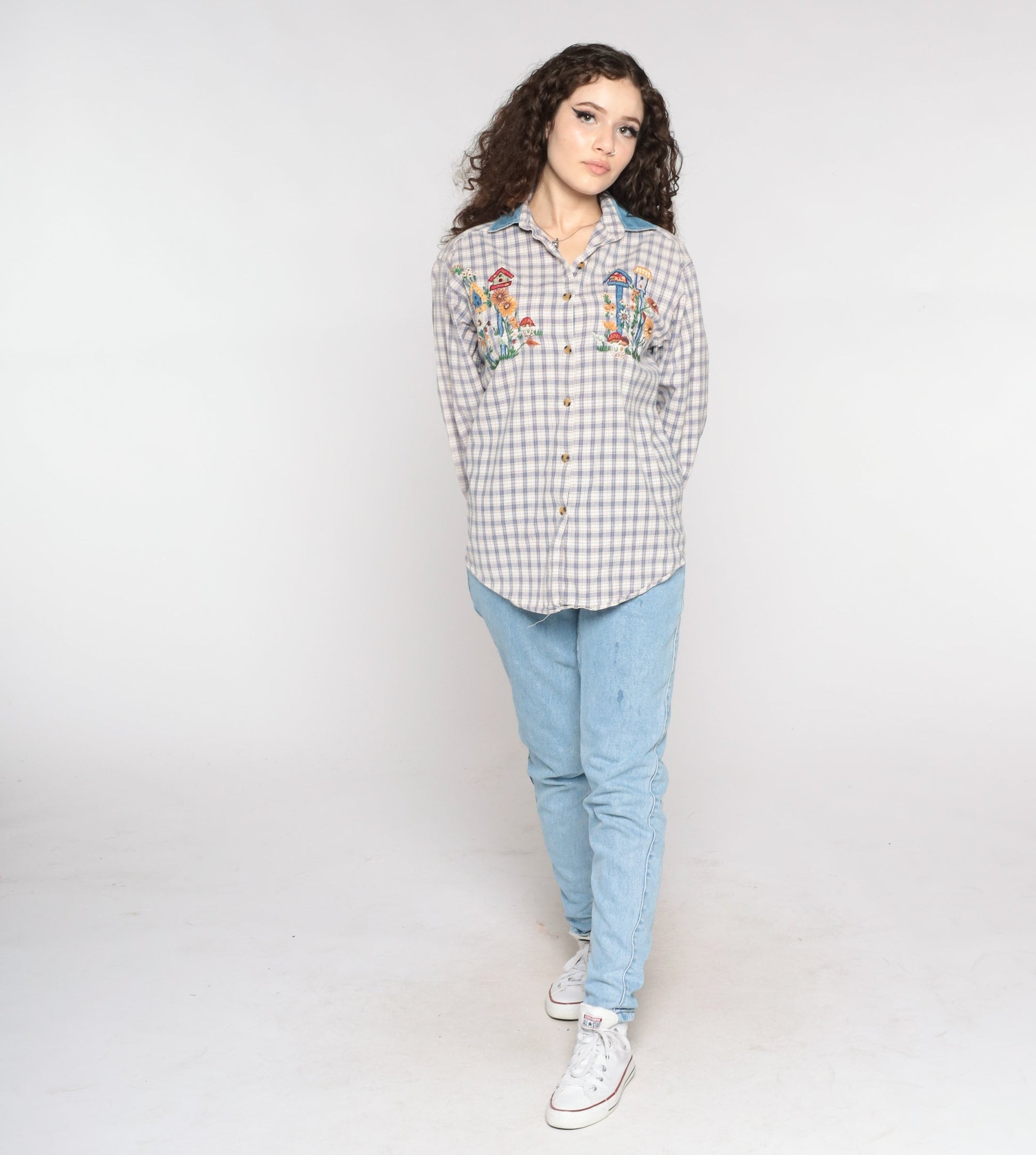90s Plaid Floral Mushroom Embroidered Button Up Blouse Denim Collar Medium