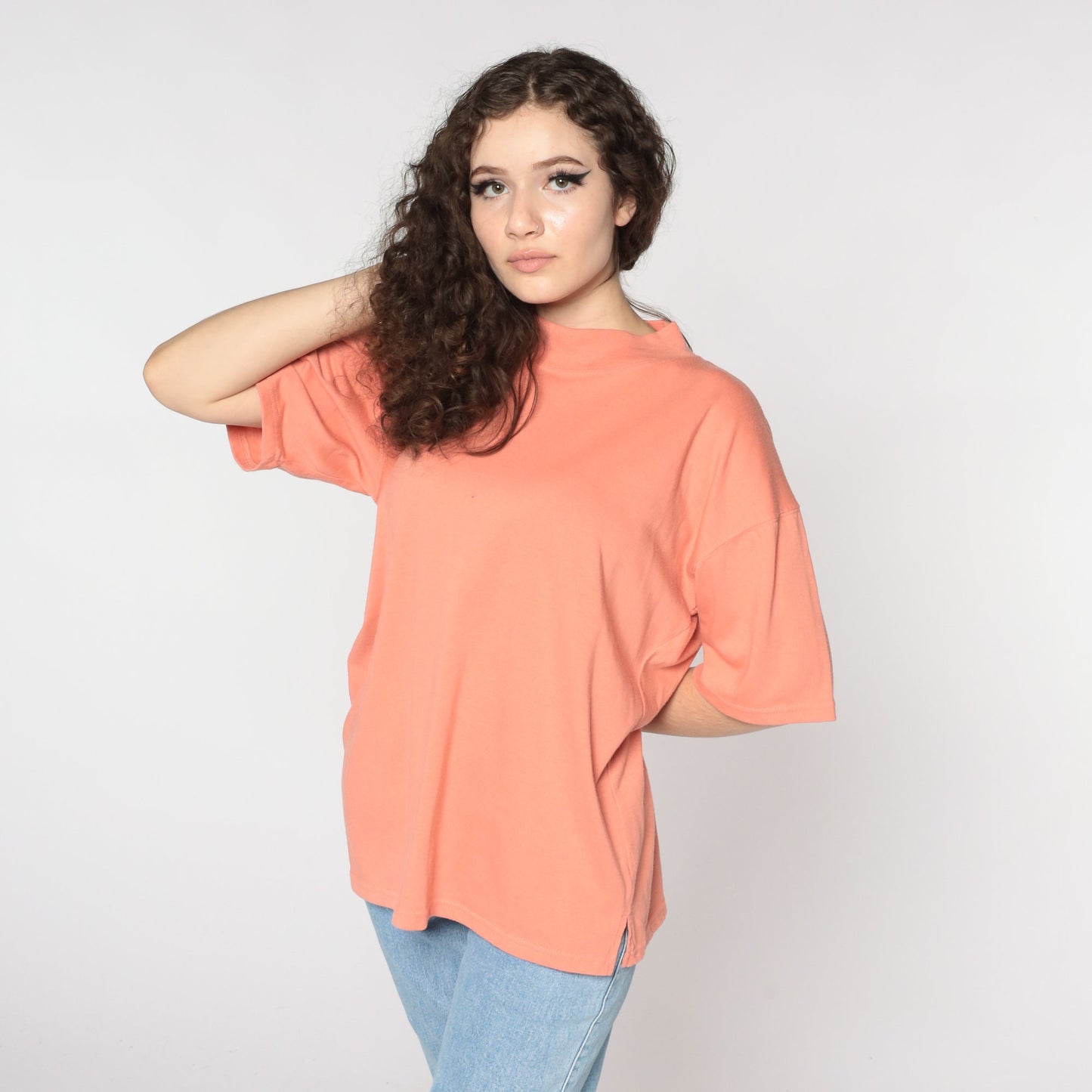 90s Orange Mock Neck T-Shirt Plain Tee Cotton Blend Large L