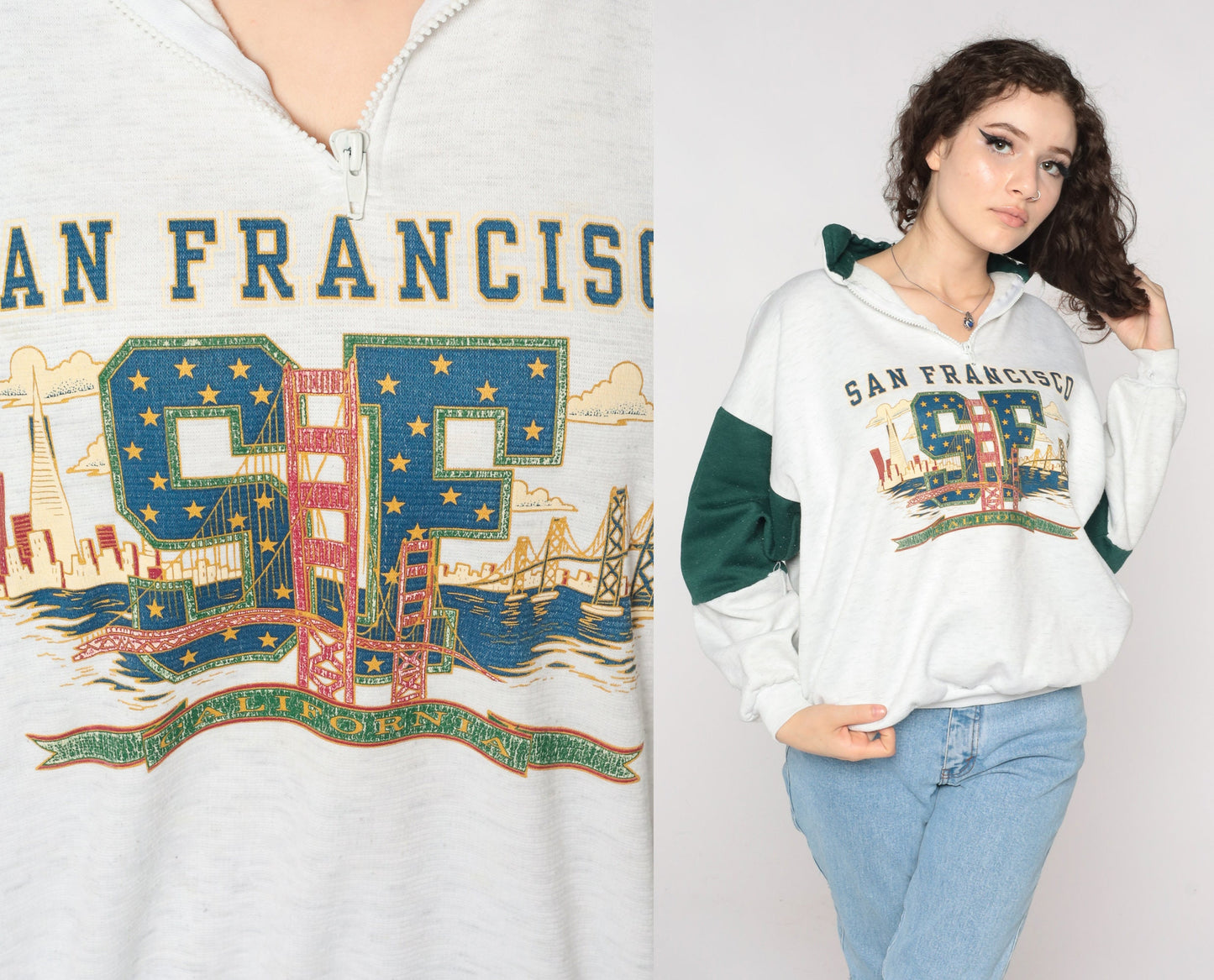 90s San Francisco Golden Gate Bridge Quarter Zip Sweatshirt Grey Large L