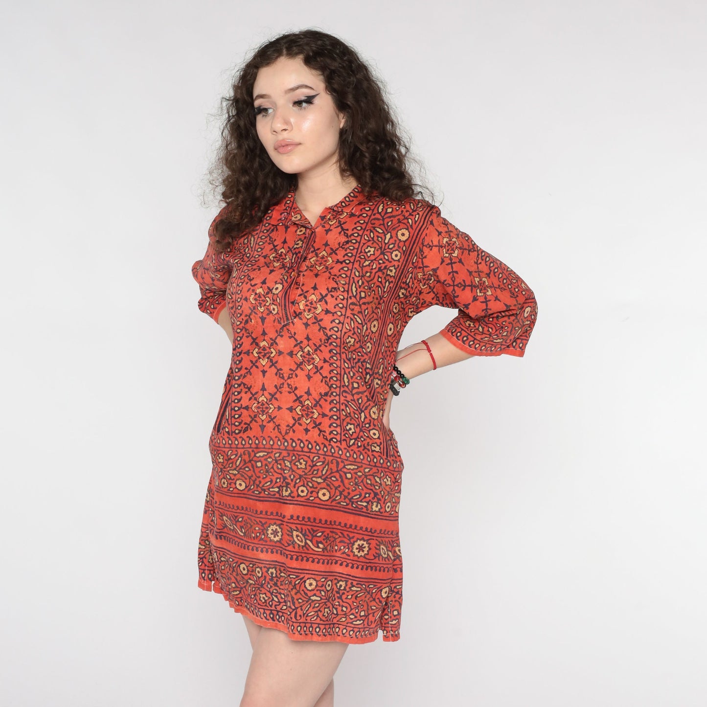 80s Floral Orange Blue Gold Tunic Dress Sheer Button Up Small