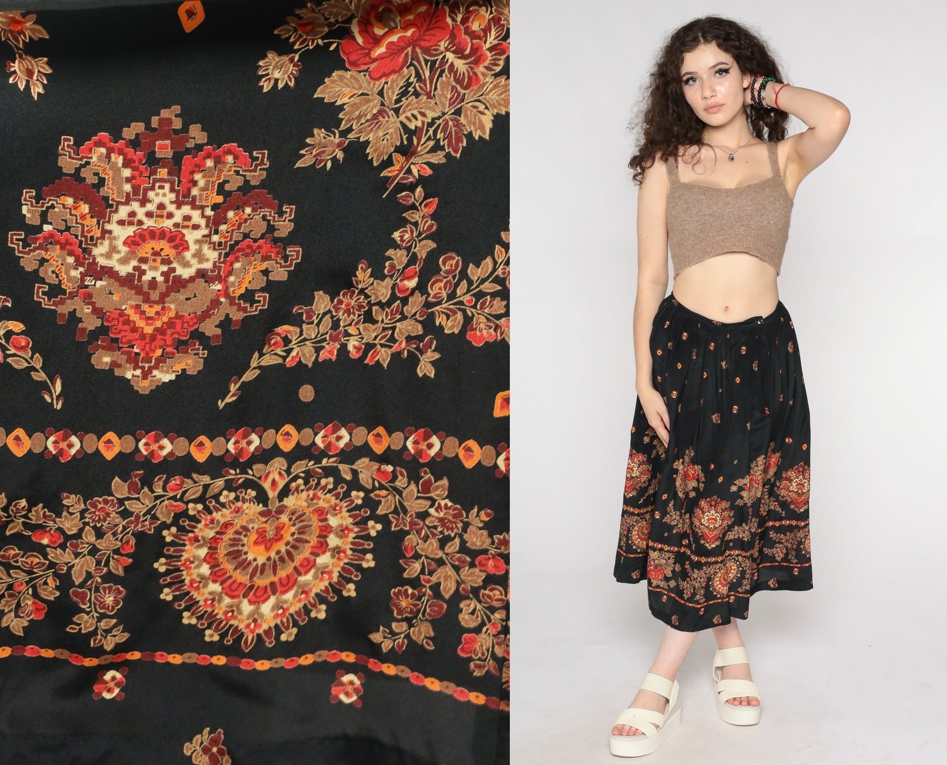 90s Black Silk Floral Midi Skirt High Waist Small 6