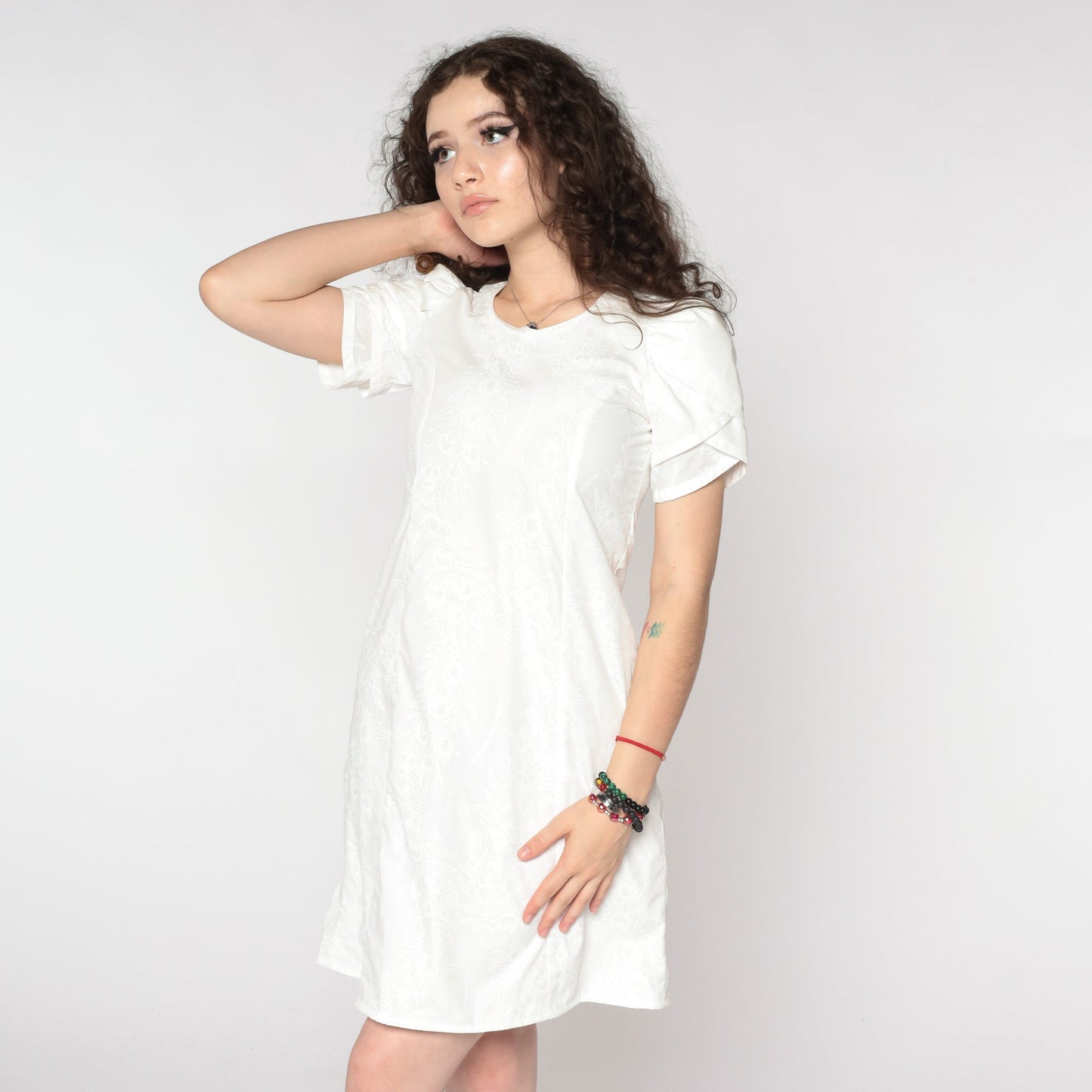 80s Hawaiian Kamehameha Schools Mini Dress White Floral Puff Sleeve Extra Small