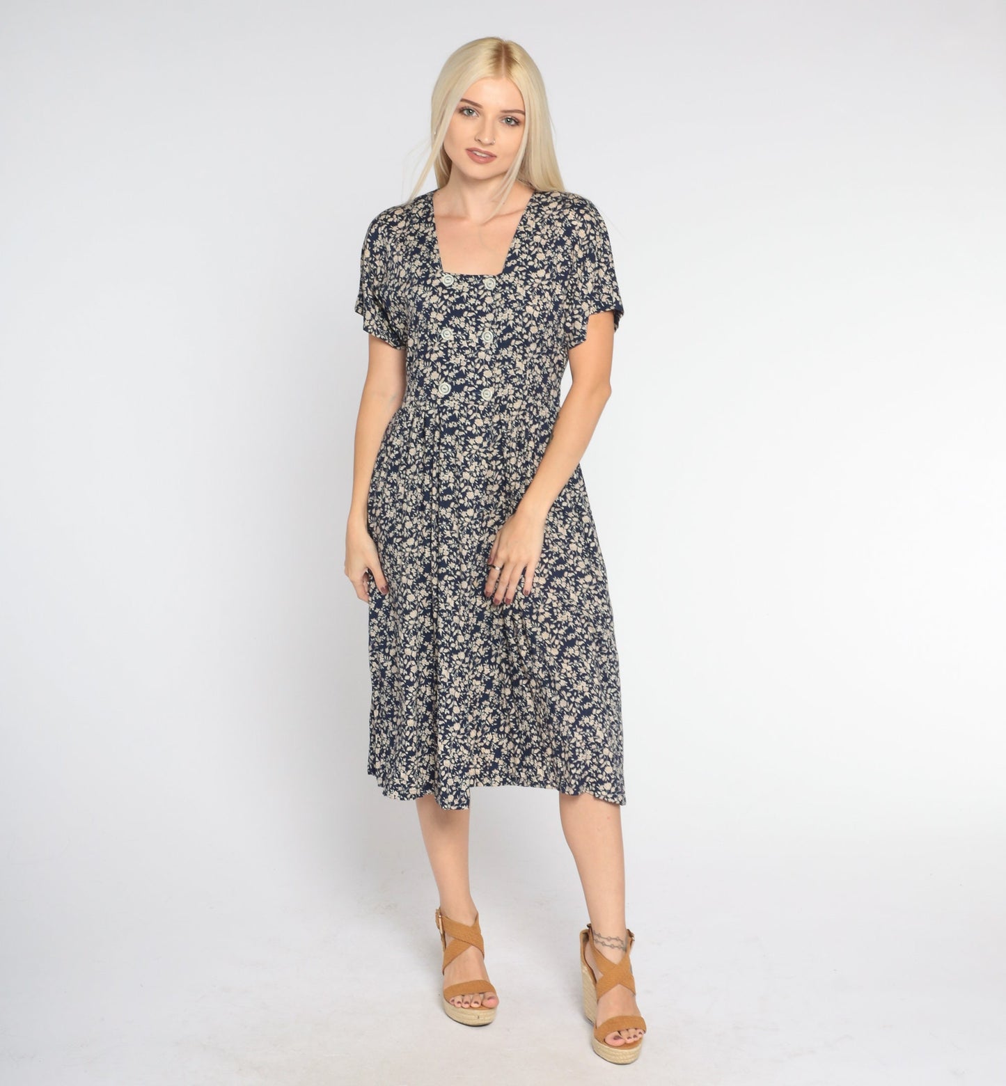 90s All That Jazz Navy Floral Midi Dress Double Breasted High Waist Small