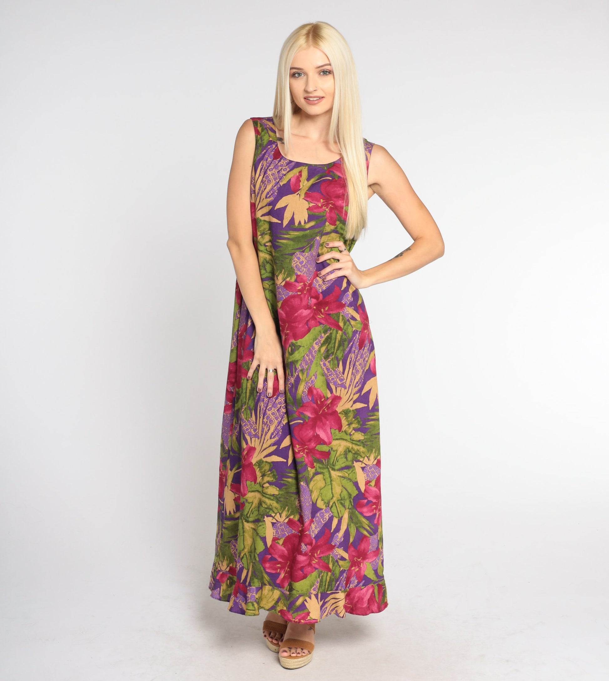 Y2K Purple Tropical Floral Maxi Dress Hibiscus Leaf Print Sleeveless Medium Large