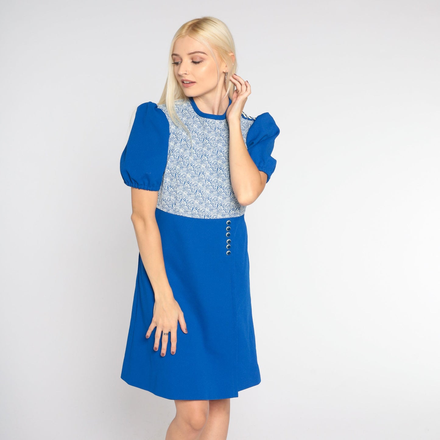 70s Blue Babydoll Dress Puff Sleeve Mini Lace Overlay High Waist Small