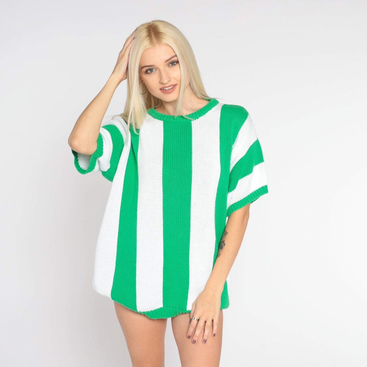 90s Liz Claiborne Striped Knit Sweater Top White Green Short Sleeve Small