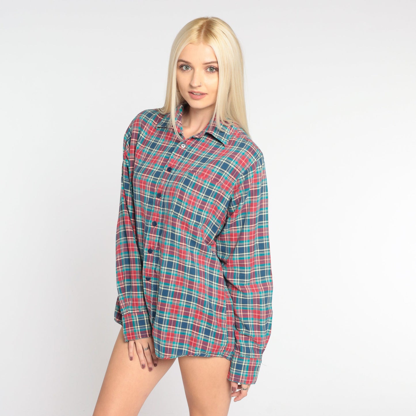 80s Blue Red Plaid Cotton Button-Up Shirt Long Sleeve Collared Small