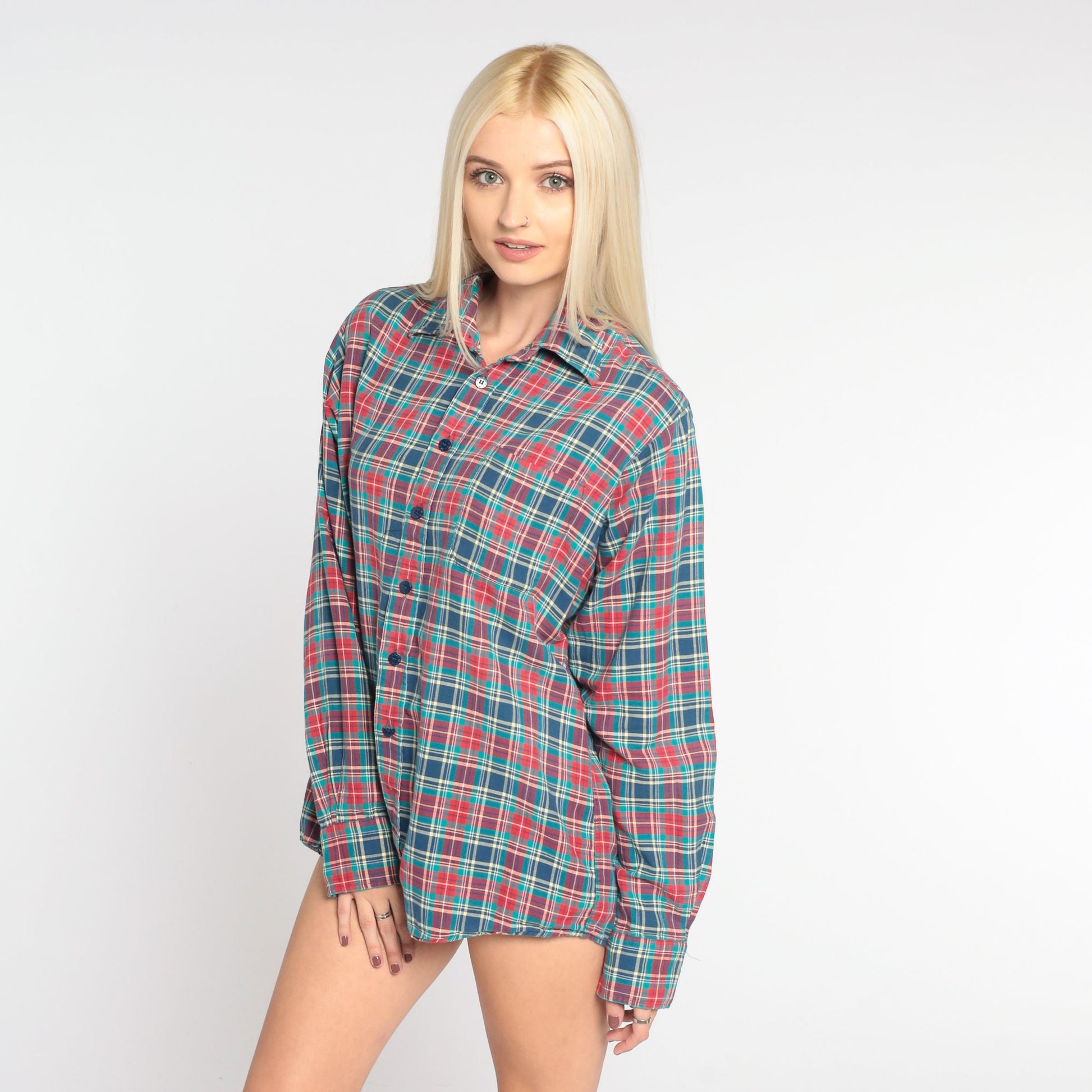 80s Blue Red Plaid Cotton Button-Up Shirt Long Sleeve Collared Small