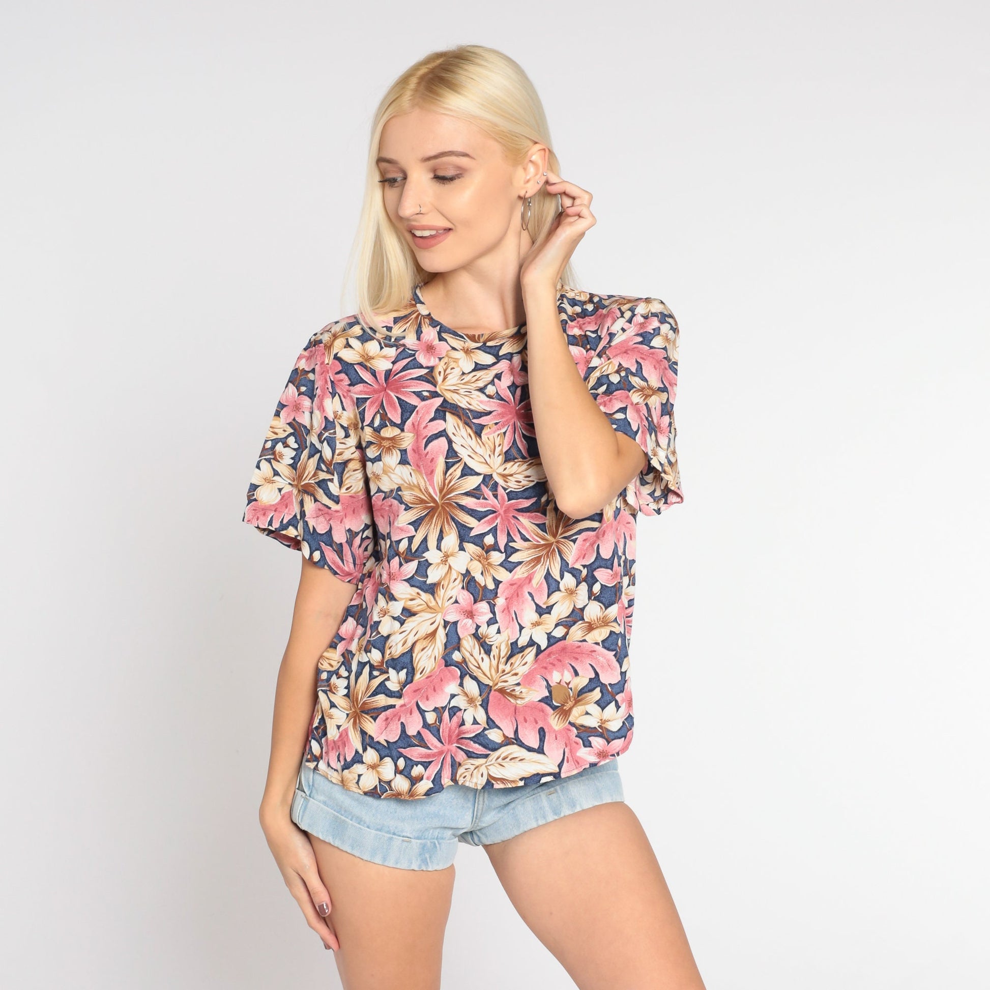 00s Tropical Floral Rayon Blouse Blue Flower Leaf Print Short Sleeve Medium