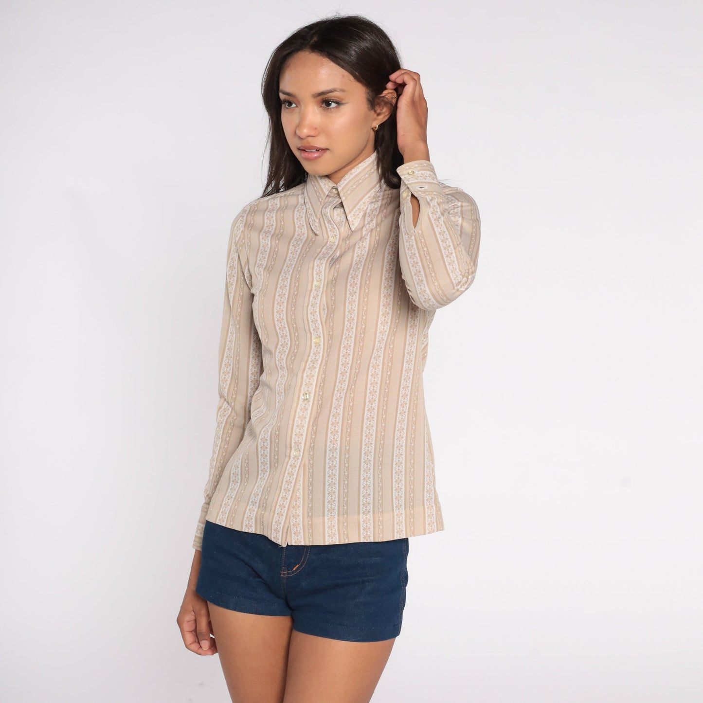 70s Striped Floral Ribbon Print Button-Up Blouse Dagger Collar Tan Small