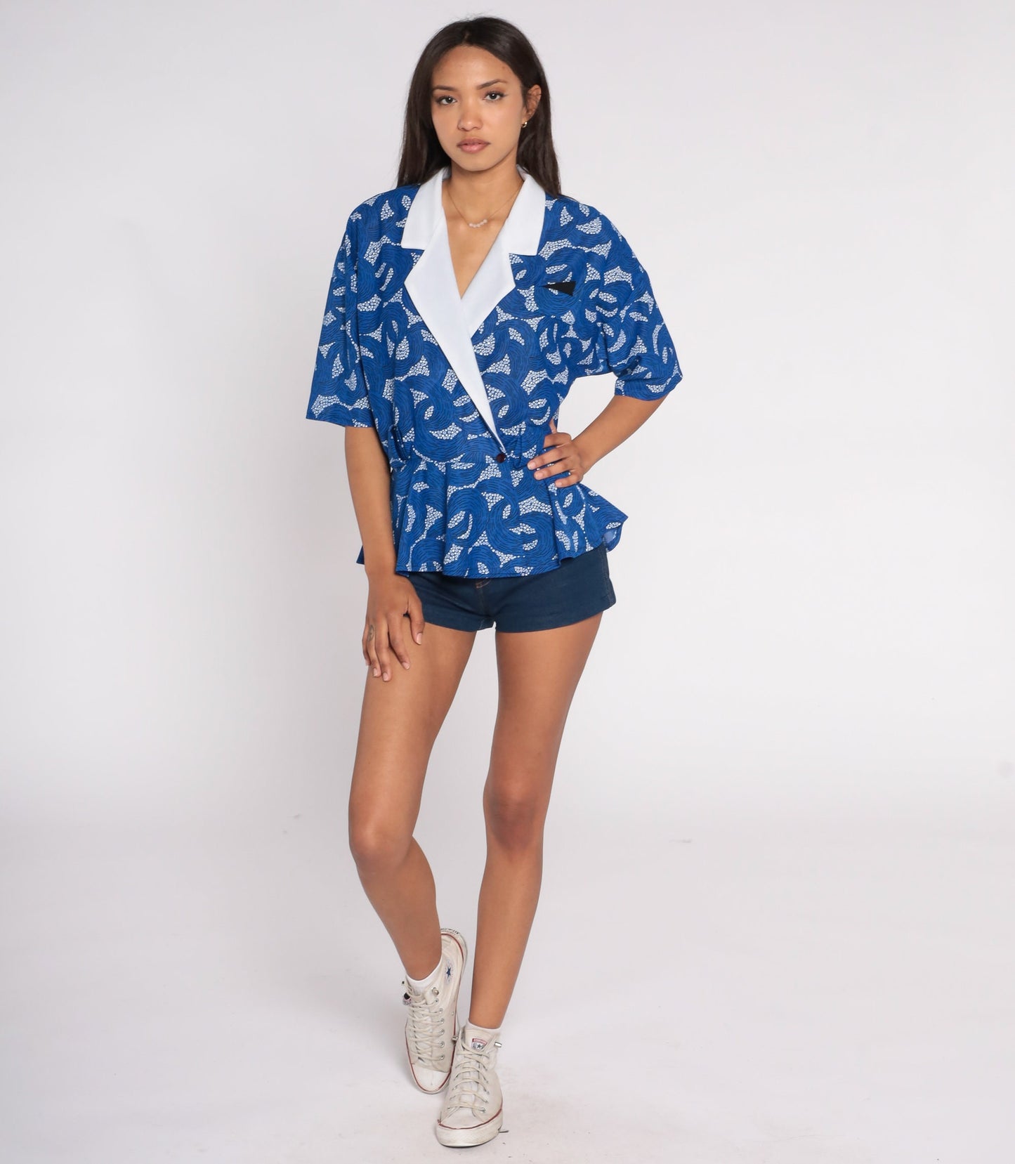 80s Blue Abstract Dot Wave Blouse Contrast Collar Peplum Wrap Shirt Large