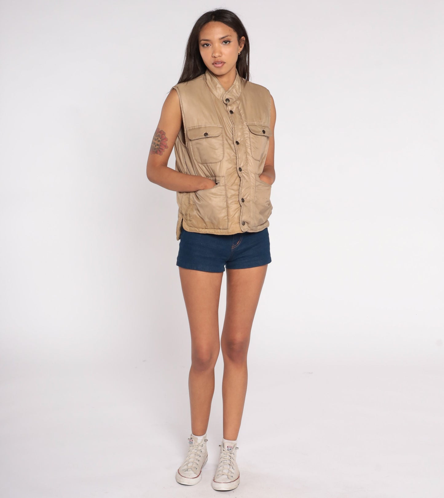 80s Tan Puffer Vest Nylon Snap-Up Sleeveless Jacket Cargo Pockets Medium