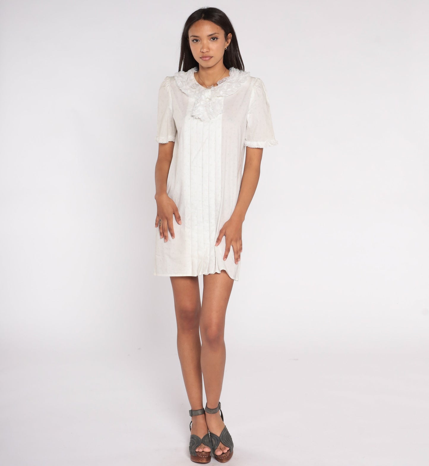80s White Mini Dress Lace Collar Pleated Dot Print Short Sleeve Small