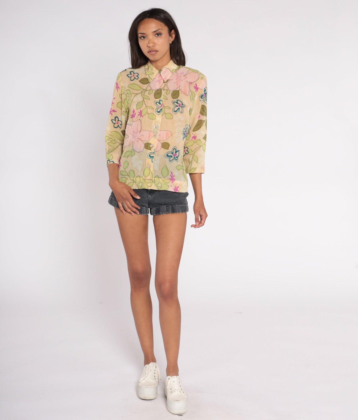 Y2K Floral Button-Up Blouse Semi Sheer Beige Long Sleeve Collared Medium