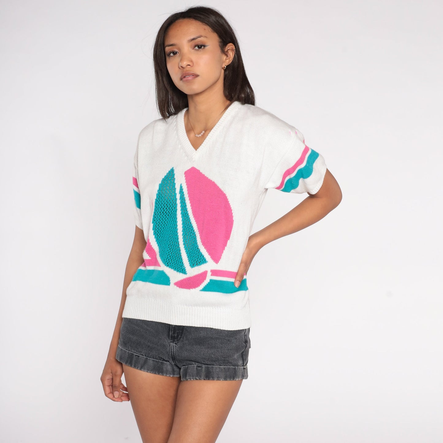 80s Sailboat Nautical Knit Sweater White Pink Blue Cutout Short Sleeve Small S