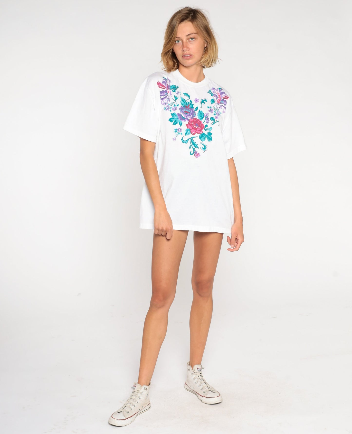 90s Floral Rose Graphic T-Shirt White Cotton Tee Extra Large XXL