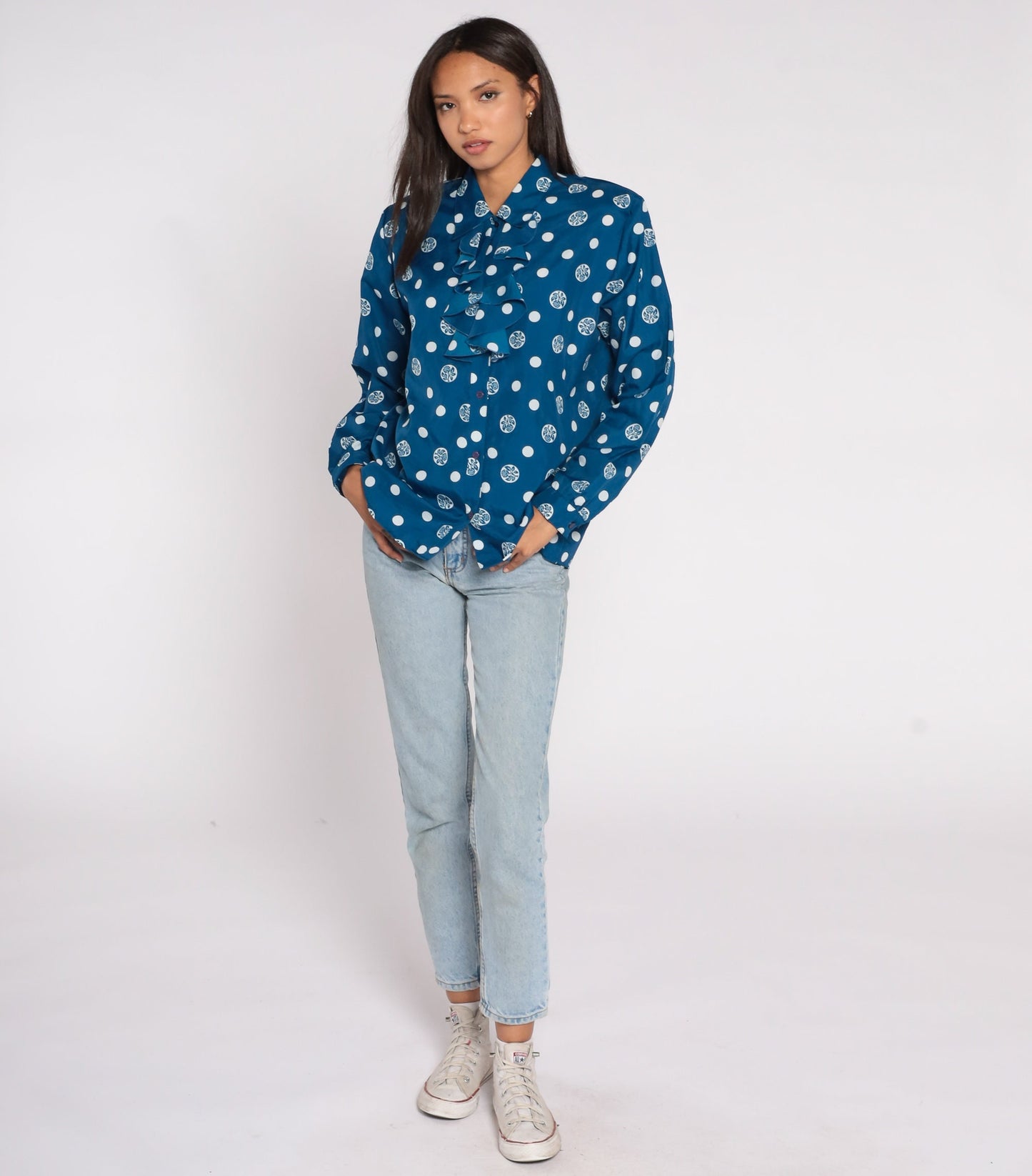 80s Blue Floral Polka Dot Jabot Blouse Button Up Long Sleeve Large L