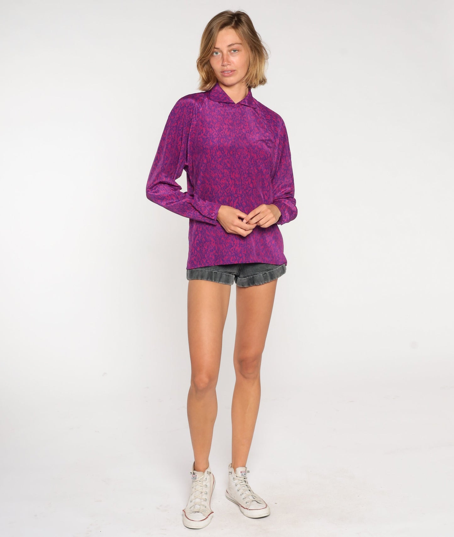 80s Purple Abstract Print Collared Blouse Long Sleeve Small