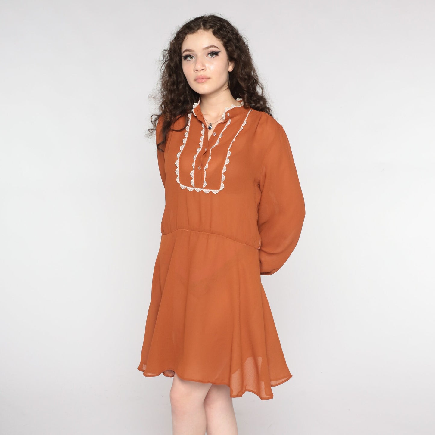 70s Brown Lace Bib Mini Dress Button-Up Long Sleeve Medium