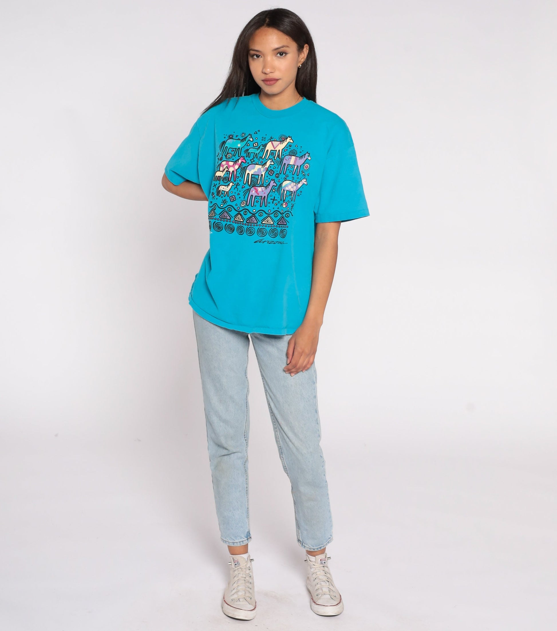 90s Arizona Wild Horse Graphic T-Shirt Blue Southwestern Petroglyph Extra Large