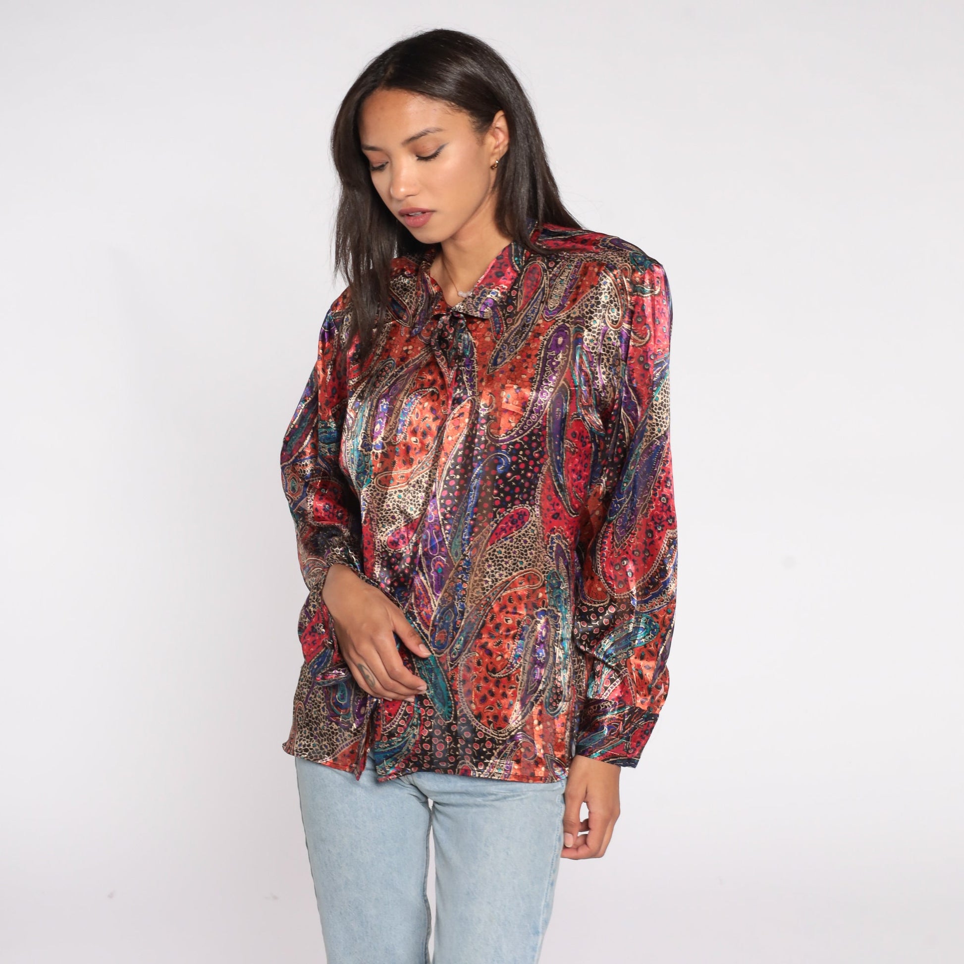 80s Paisley Button-Up Blouse Metallic Stripes Long Sleeve Shirt Size 14