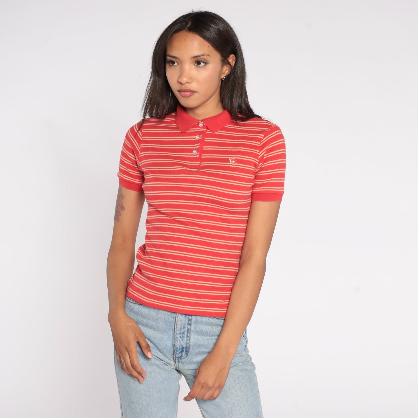 90s Polo Shirt Red Tan Striped Horse Crest Cotton Small S