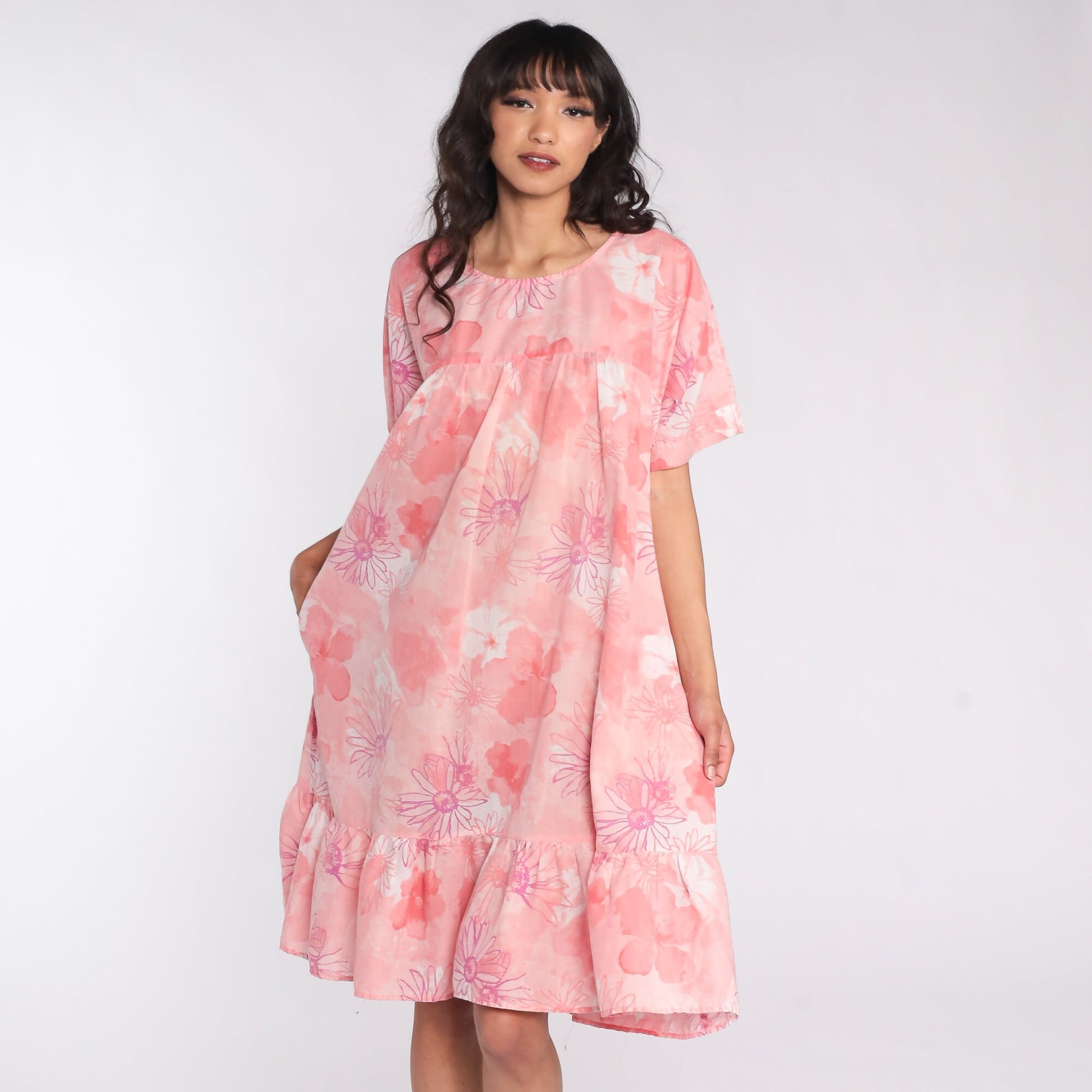 80s Floral Midi Dress Pink Tent Cut Short Sleeve Extra Large