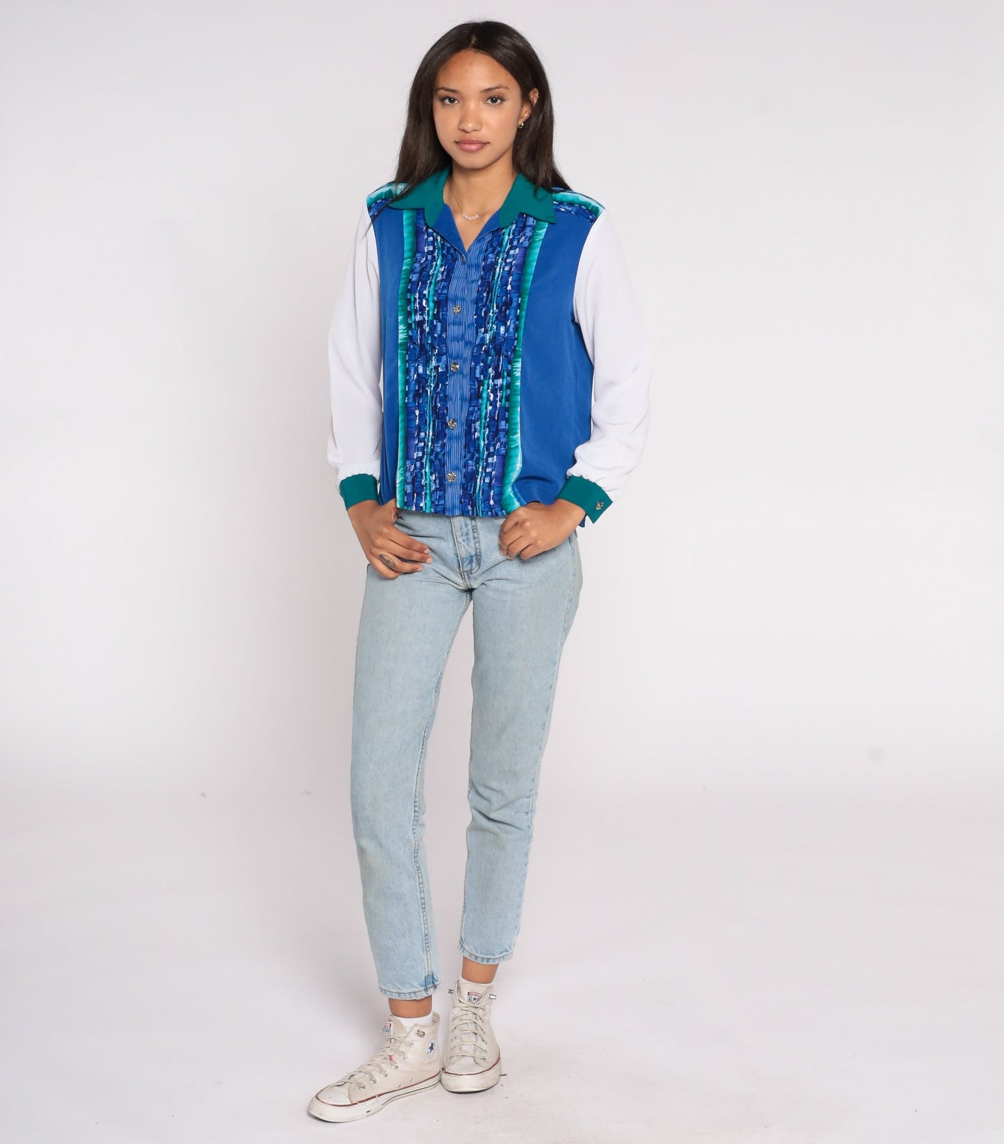 90s Blue & White Striped Button-Up Shirt Long Sleeve Collar Small