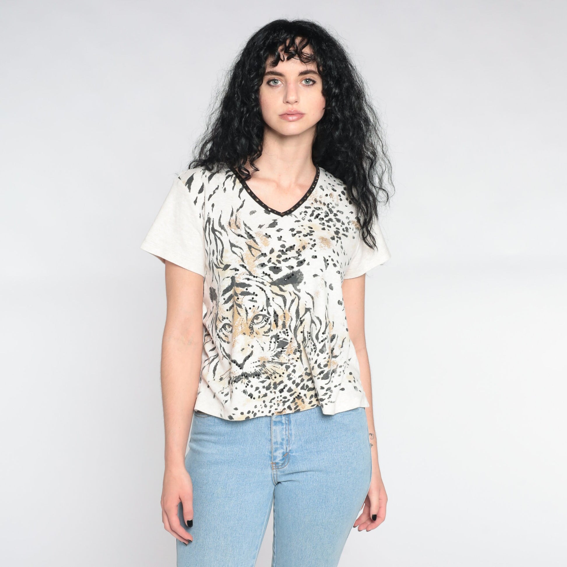Y2K Tiger Face Studded Graphic T-Shirt Cream Beaded Animal Tee Large L