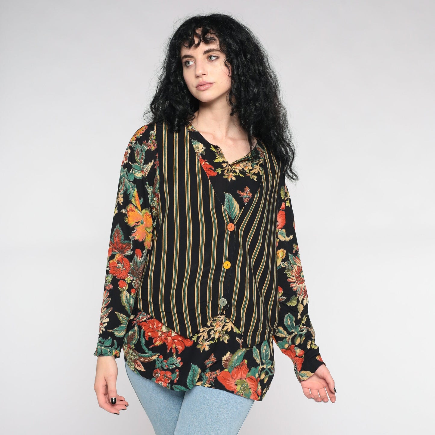 90s Carol Little Floral Blouse Black Striped Attached Vest Button Up Large