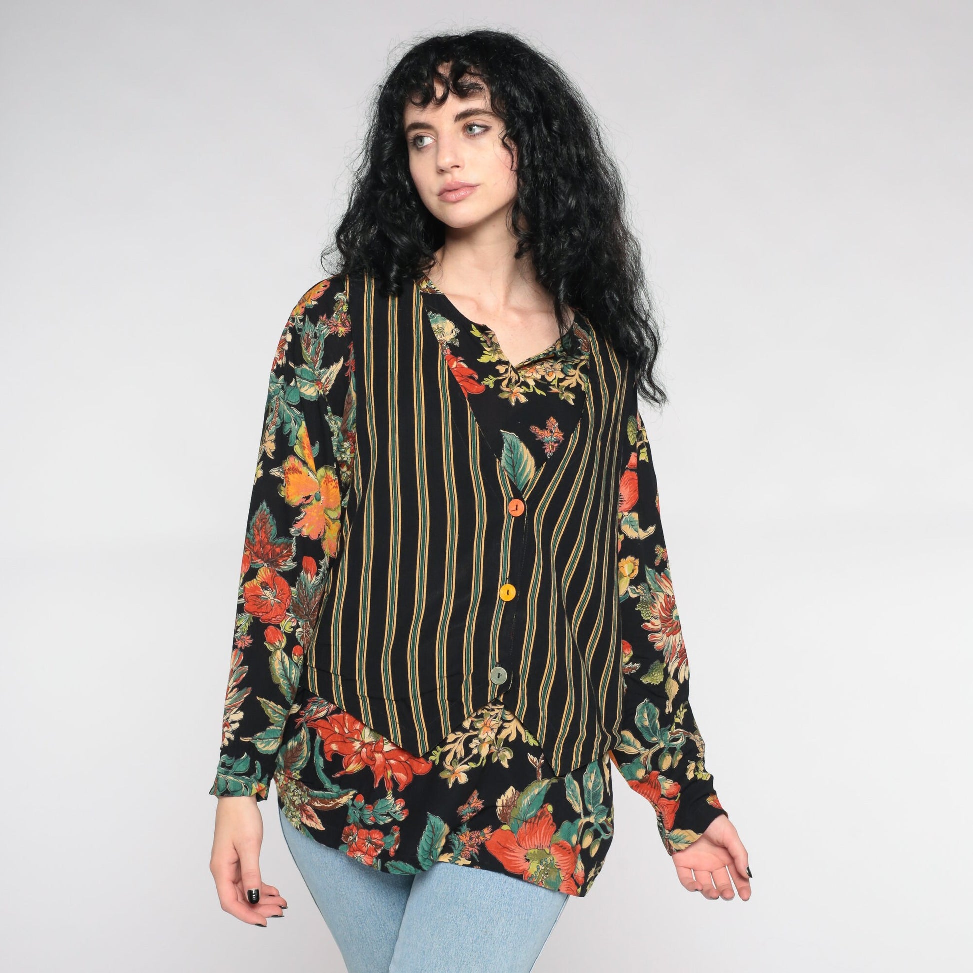 90s Carol Little Floral Blouse Black Striped Attached Vest Button Up Large