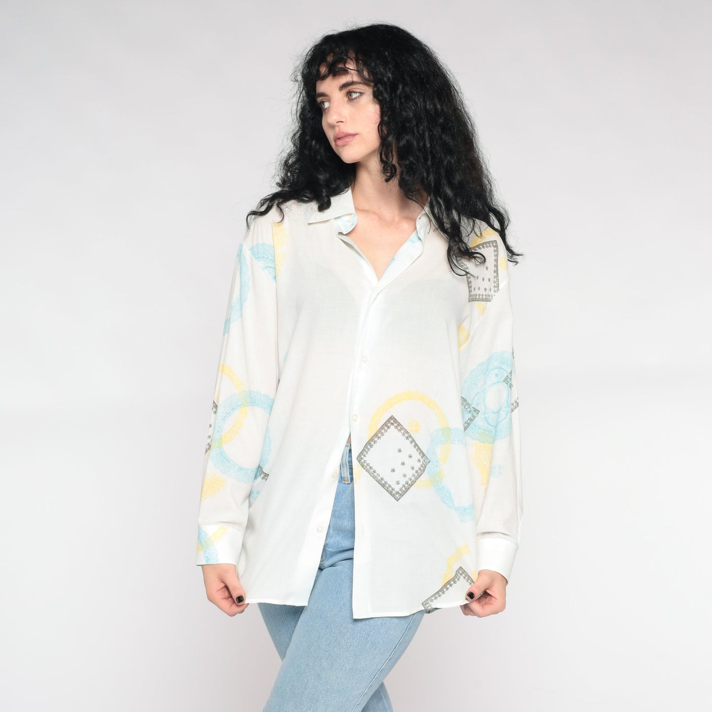 Y2K Geometric Button-Up Shirt White Pointed Collar 00s Long Sleeve Extra Large