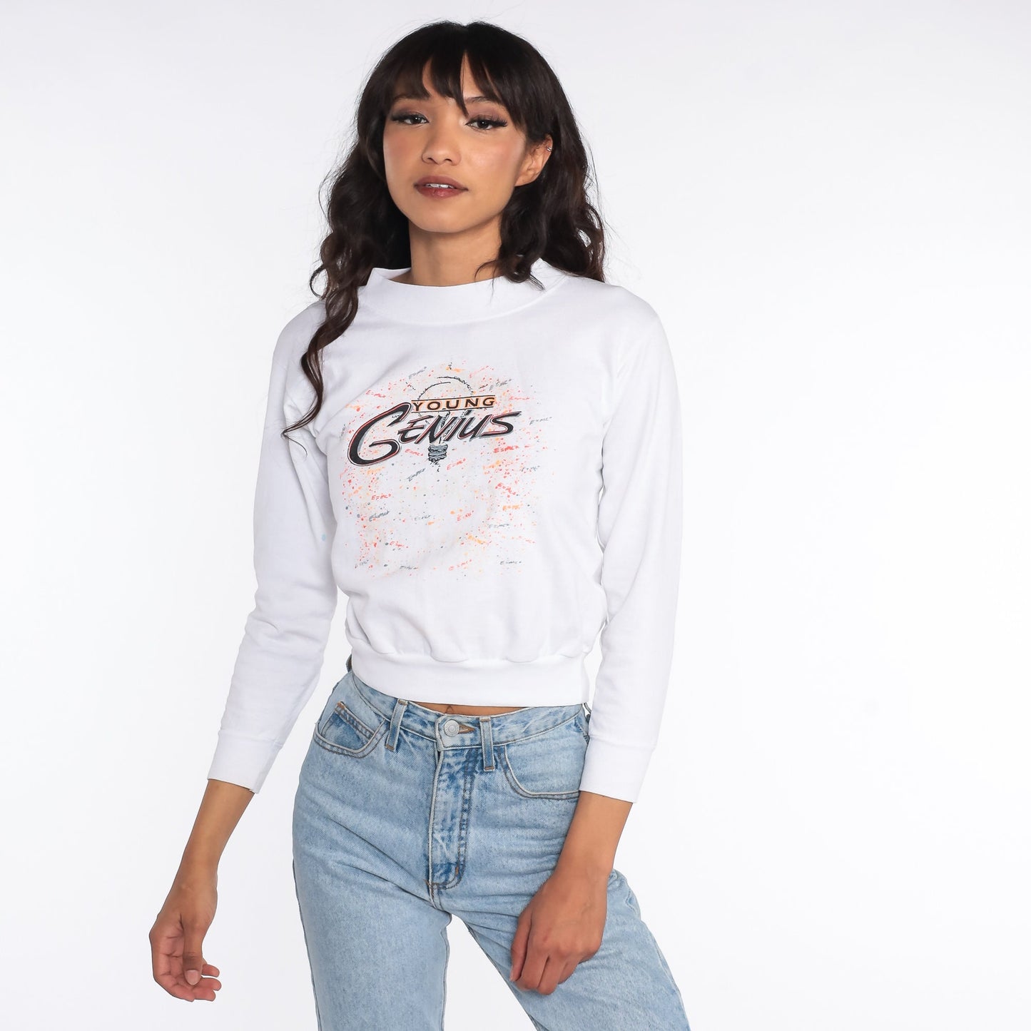 90s Young Genius Cropped Sweatshirt White Graphic Crewneck XXS