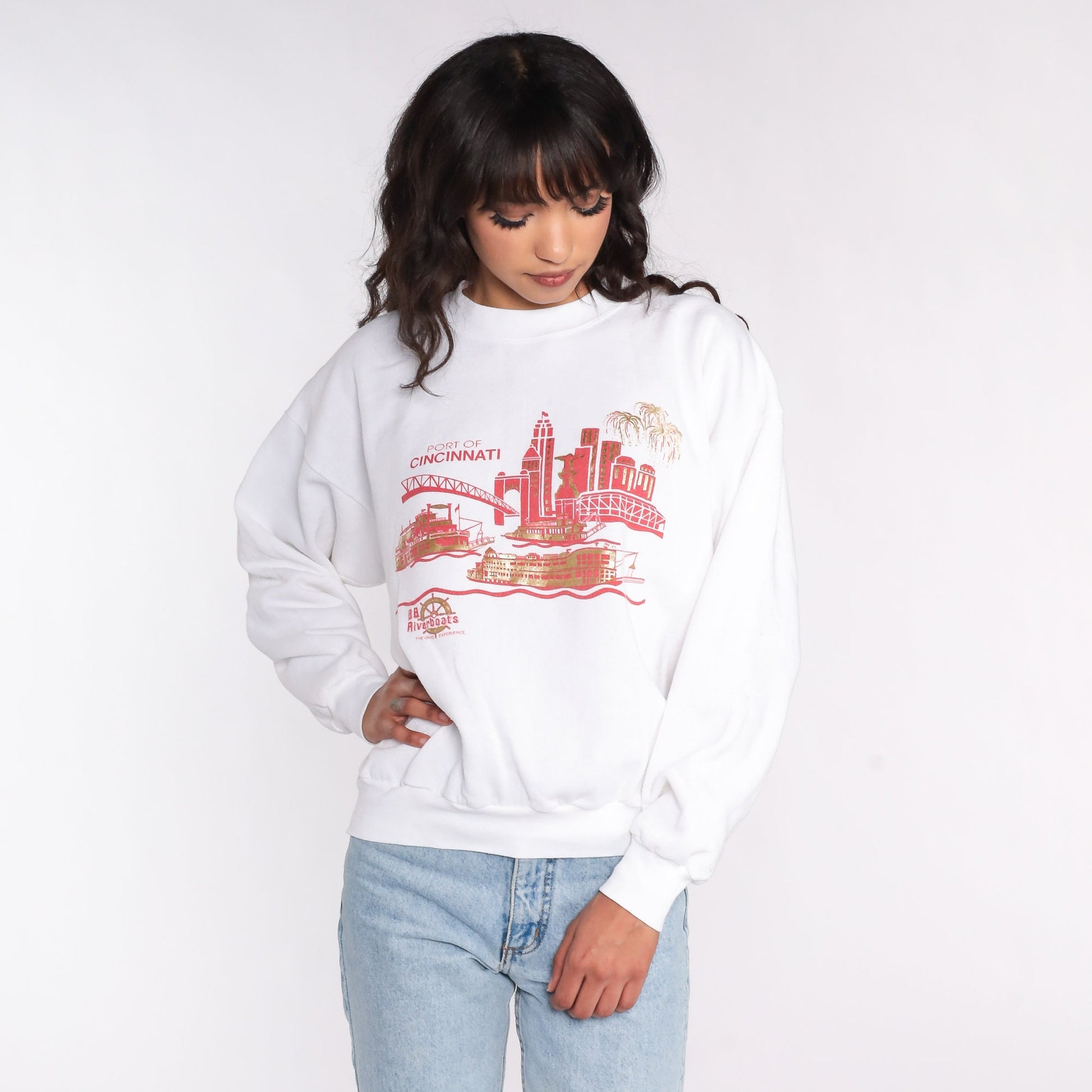 80s Port of Cincinnati BB Riverboats Graphic Sweatshirt Cityscape Large