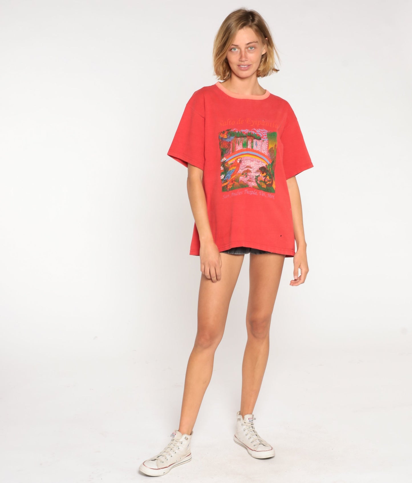 90s Mexico San Andres Tuxtla Waterfall Graphic T-Shirt Red Large