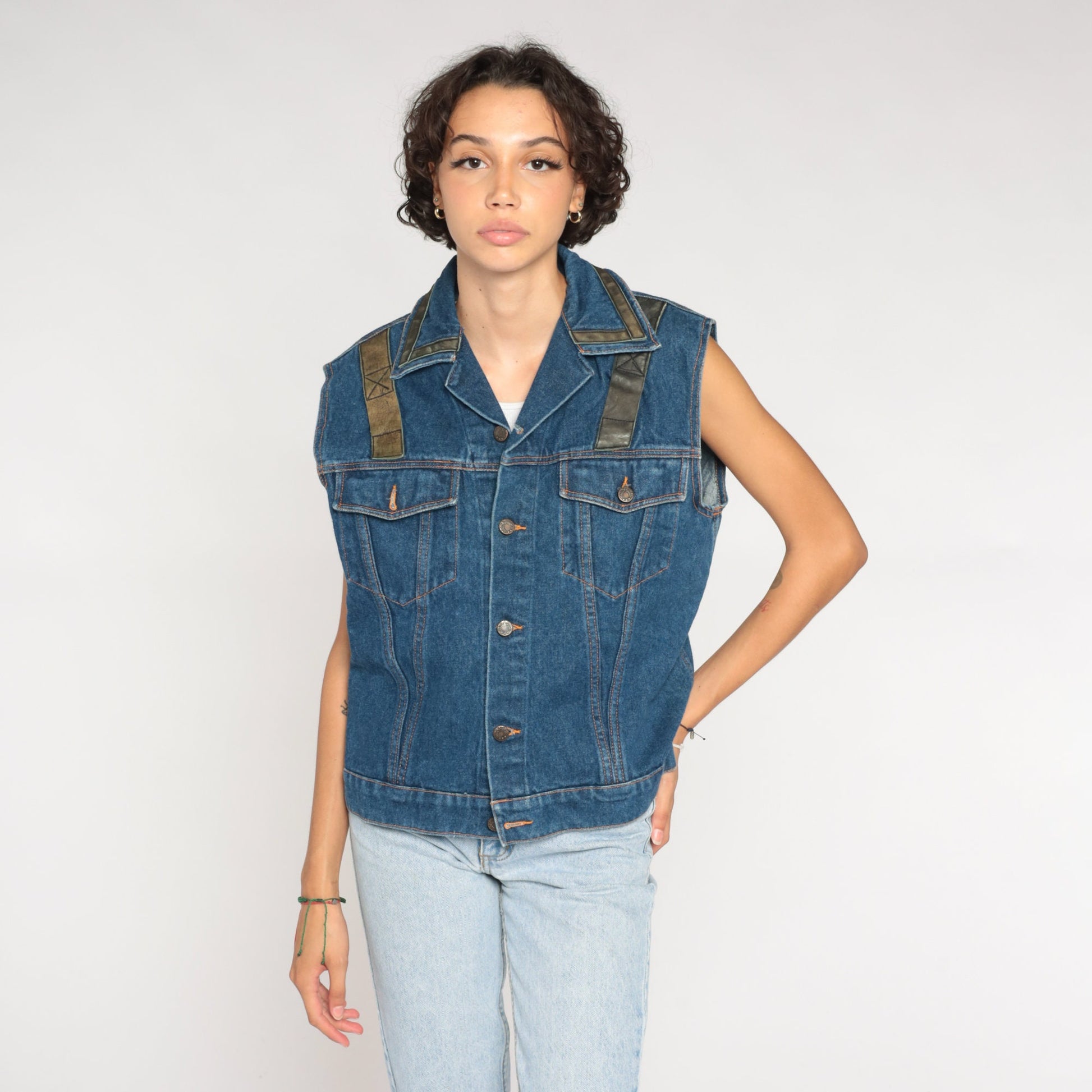 90s Snap-On Tools Denim Vest Blue Leather Trim Button-Up Sleeveless Medium