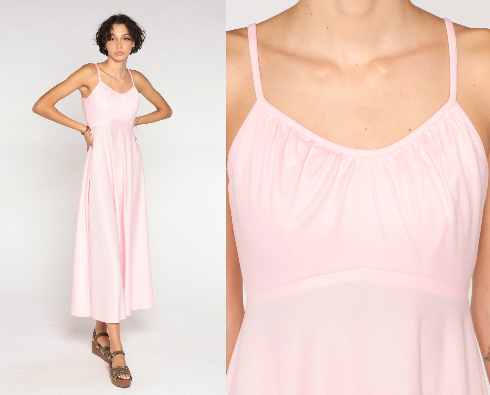 70s Baby Pink Empire Waist Maxi Dress Sleeveless Small S
