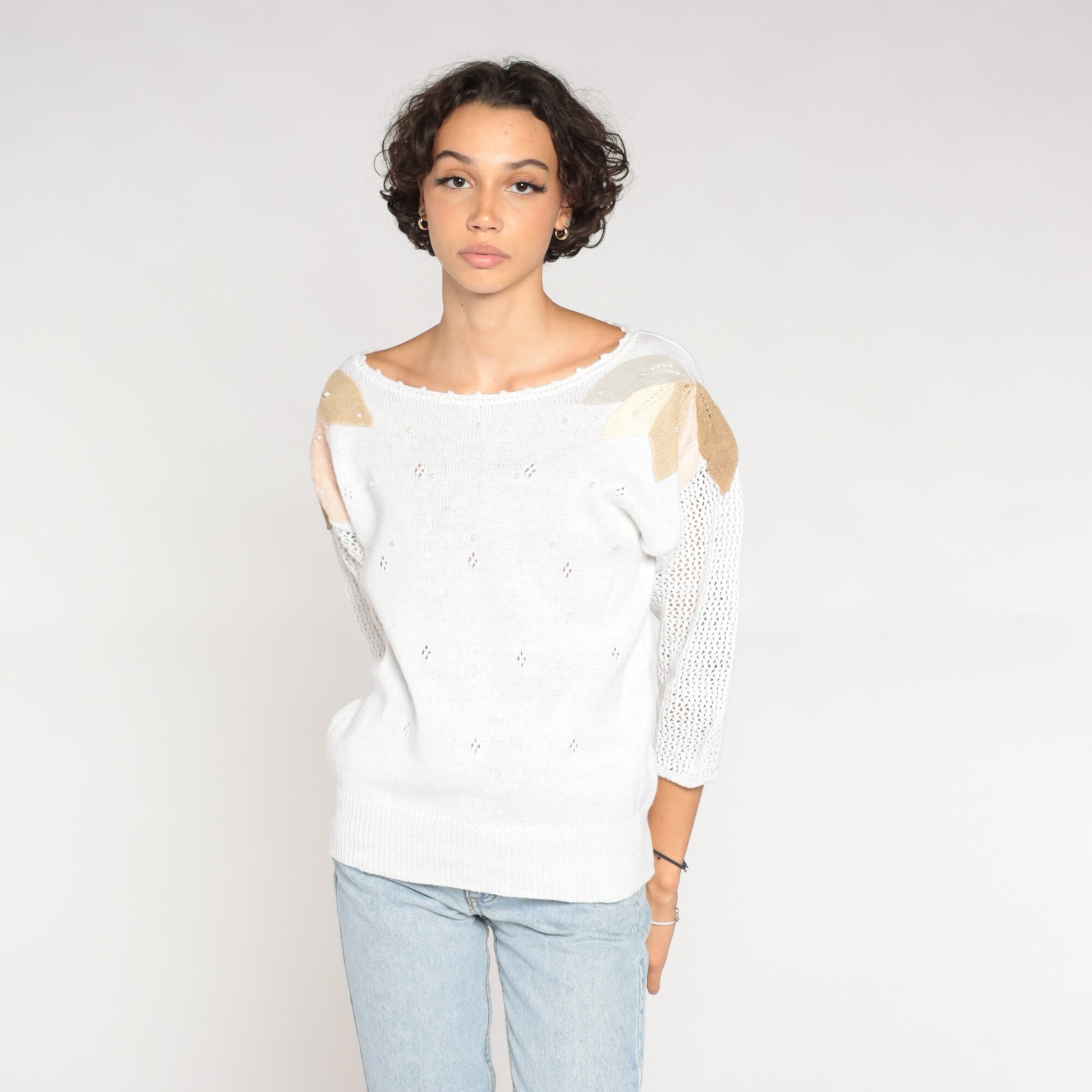 90s White Cutout Knit Sweater Pearl Beaded Leaf Applique Medium M