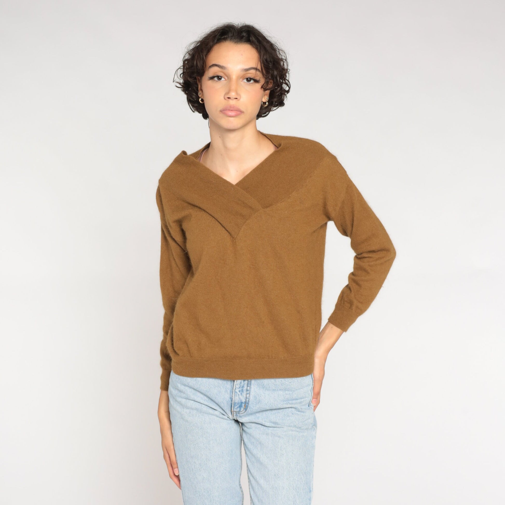 00s Brown Wool Sweater V-Neck Shawl Collar Pullover Small S