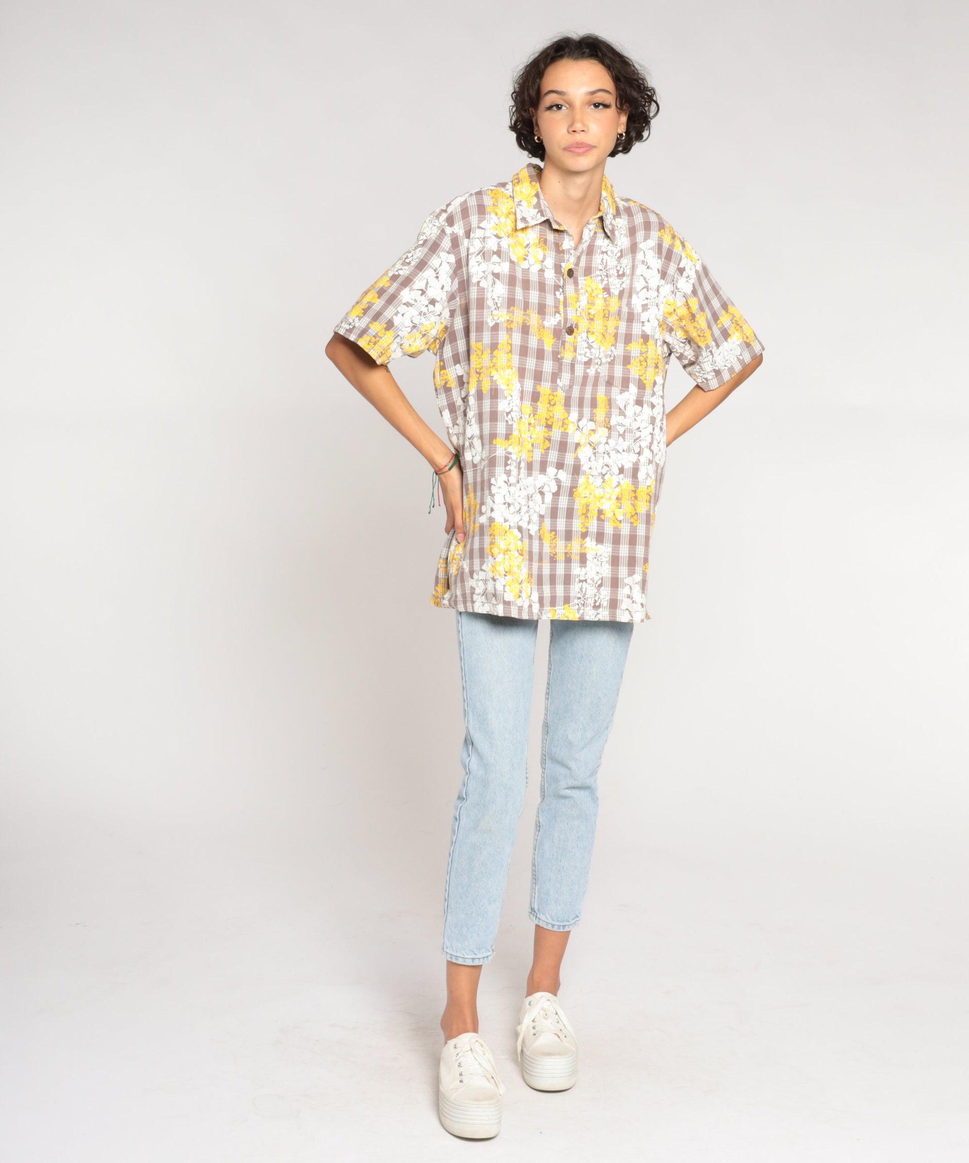 80s Checkered Floral Short Sleeve Button-Up Shirt White Brown Yellow Extra Large XL