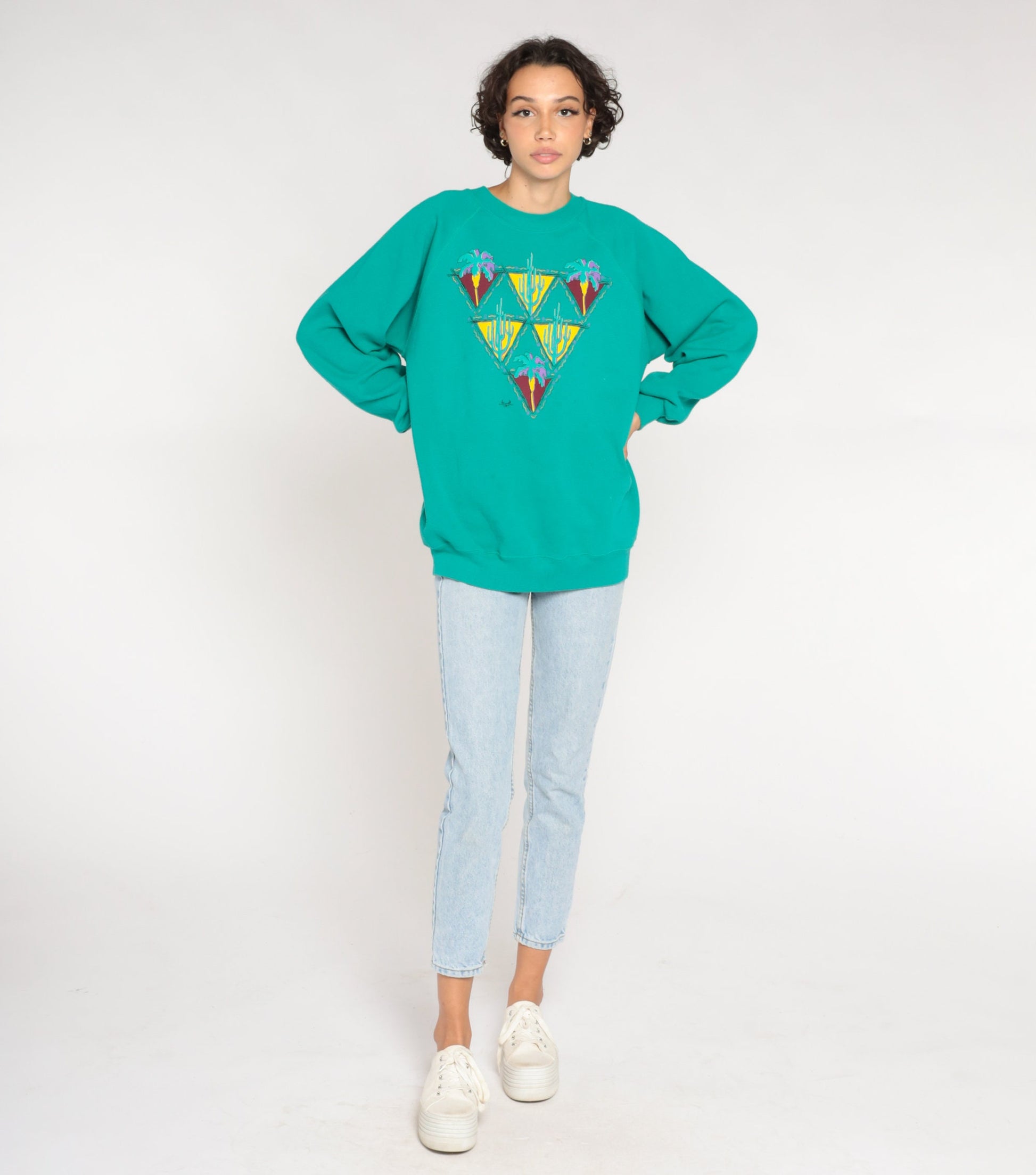 90s Desert Cactus Palm Tree Sweatshirt Green Raglan Graphic Large