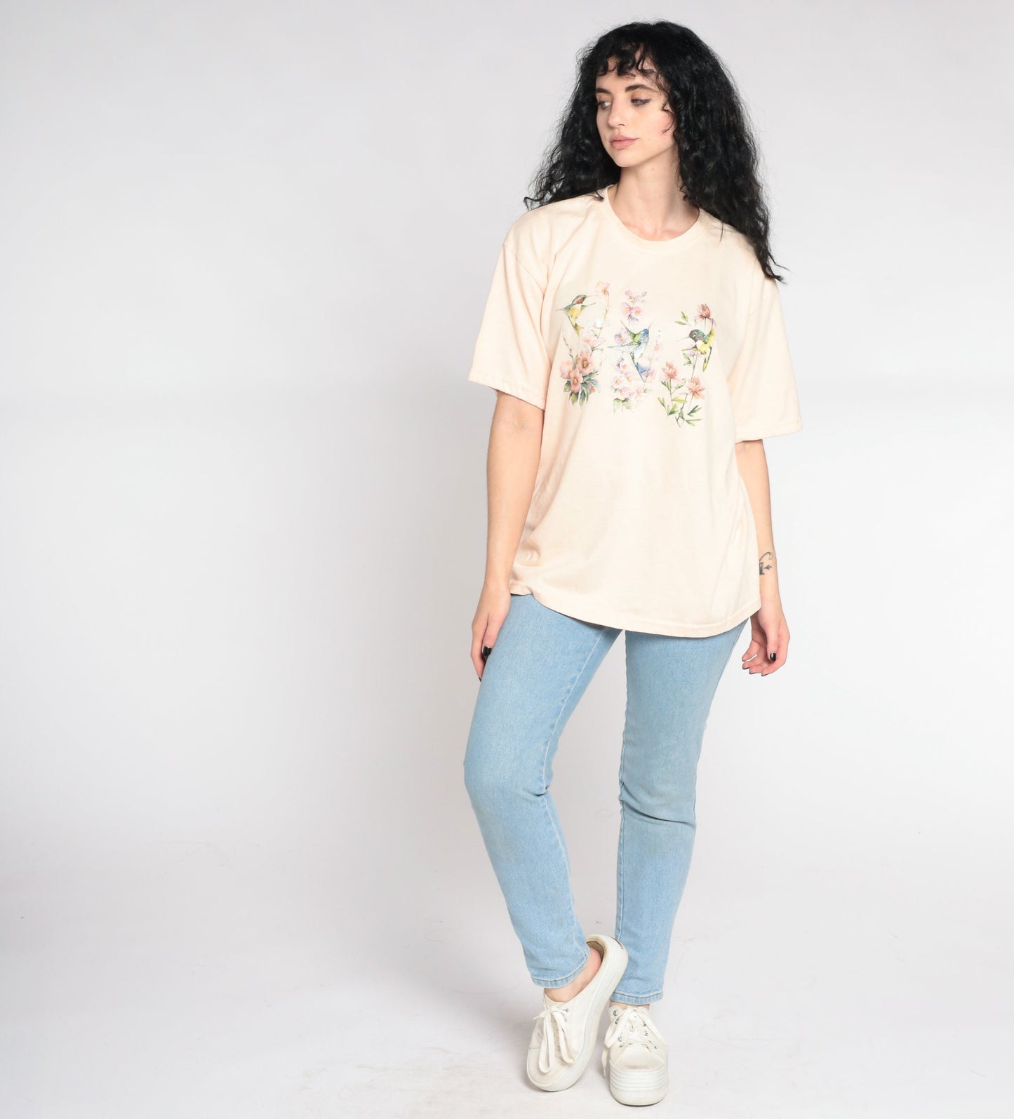 90s Hummingbird Glitter Graphic T-Shirt Floral Beige Extra Large XL