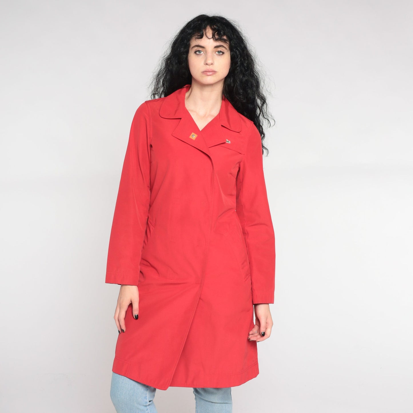 00s Lacoste Red Nylon Trench Coat Knee Length Extra Small