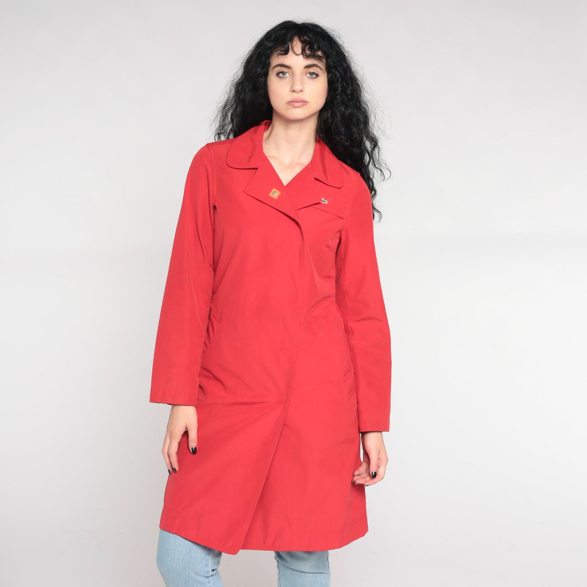 00s Lacoste Red Nylon Trench Coat Knee Length Extra Small